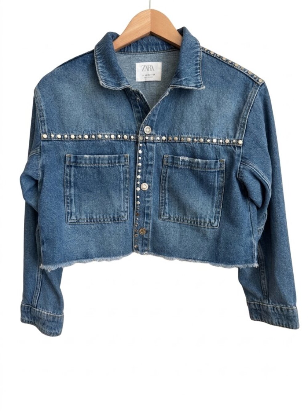 Zara Girls Studded Cropped Denim Jacket 13-14 Blue Raw Hem Western Cowgirl Y2K